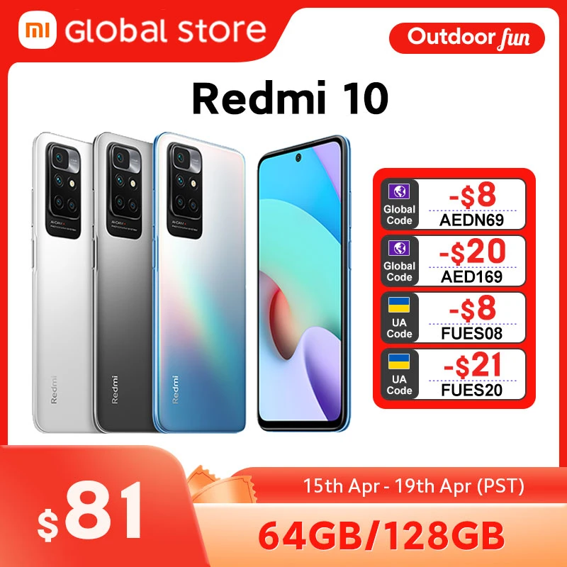 Global Version Xiaomi Redmi 10 64GB/128GB New Smartphone 50MP AI quad camera 90Hz FHD Display MediaTek Helio G88 Octa Core