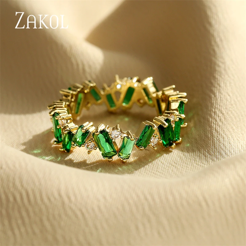 ZAKOL Eternity Luxury Green Stackable Chic Rings for Women Wedding Cubic Zircon Engagement Dubai Statement Finger Jewelry RP2134