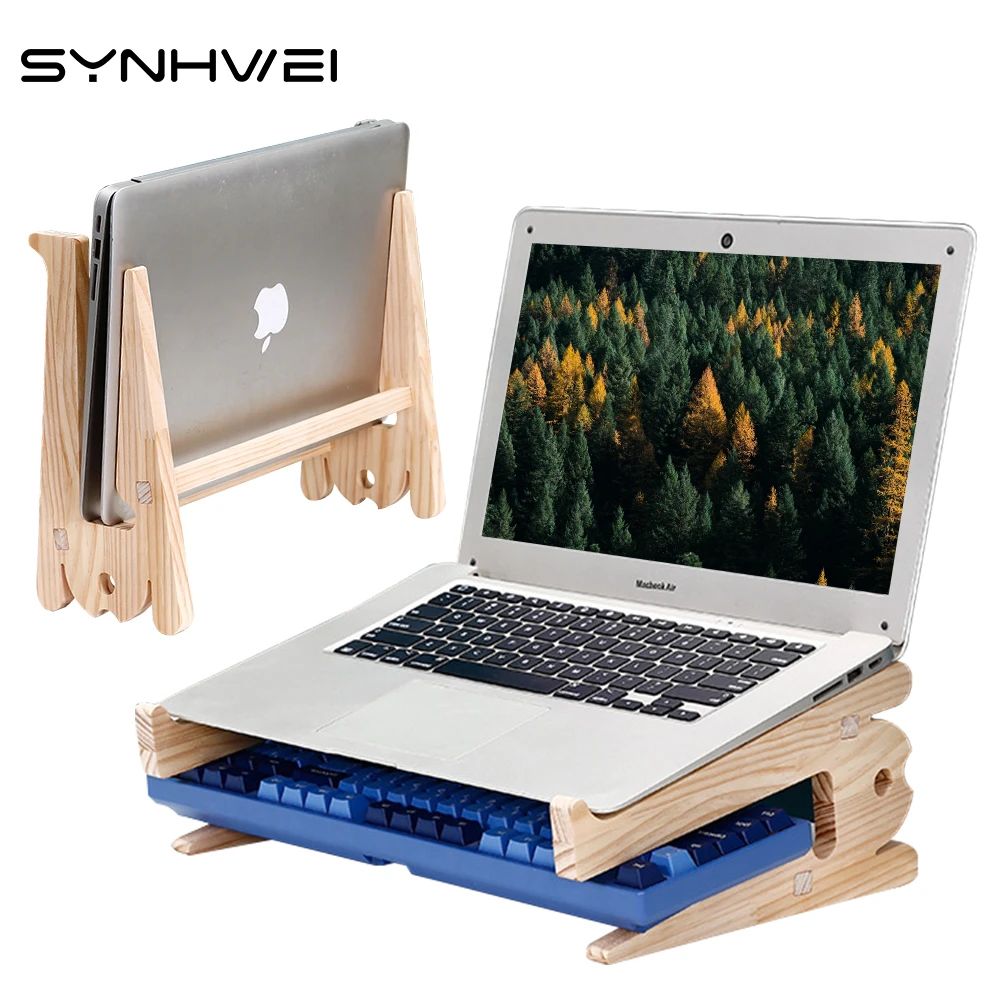 Universal Wood Laptop Stand For Desk 10-17 inch Macbook Air Pro 13 15 Storage Detachable Wooden Notebook Holder Accessories