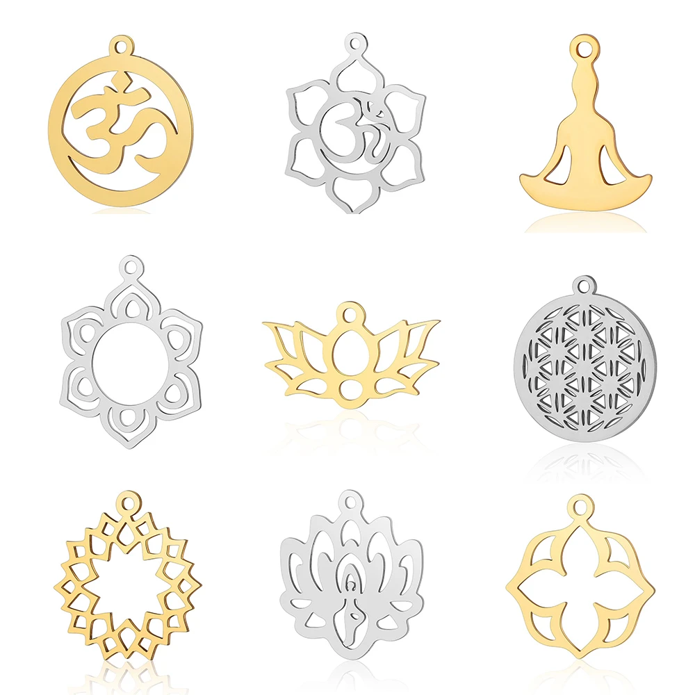 5pcs/lot Flower of Life DIY Charms Wholesale 100% Stainless Steel Yoga Lotus Connectors Charm Om Hansa Hand Jewelry Pendant