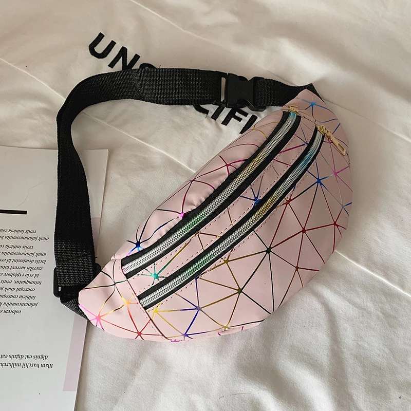 2021 New Holographic Waist Bags Women Banana Pink Fanny Pack Female Belt Bag Black Geometric Waist Packs Laser Chest Phone Pouch