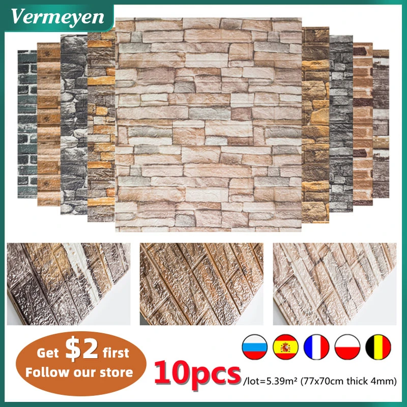 10pcs/bag 3D Wall Sticker Brick Pattern Wallpaper for Living Room Bedroom TV Wall 77x70cm Waterproof Self-Adhesive Wall sticker