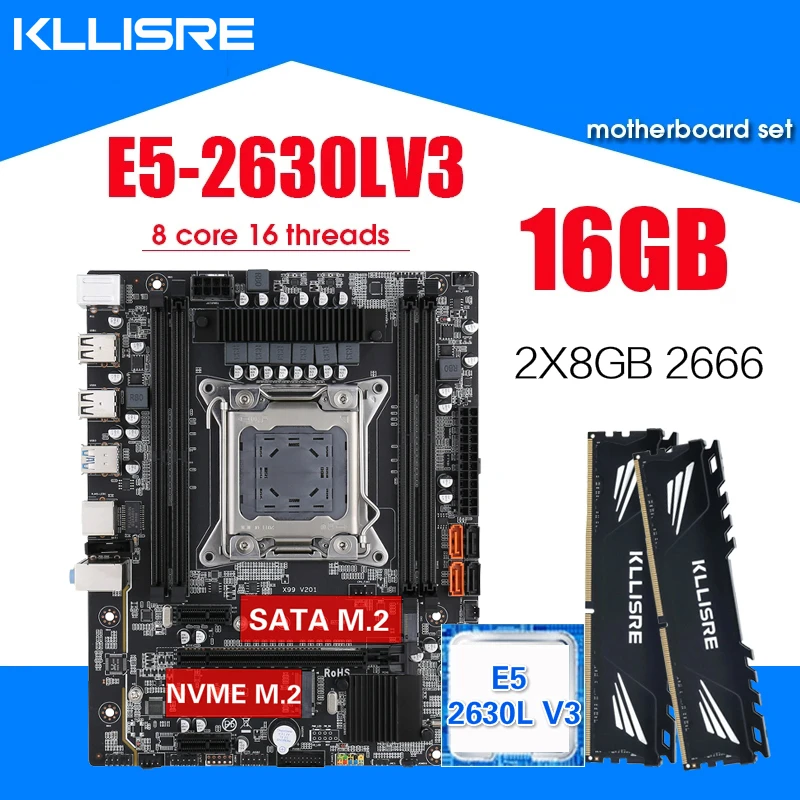 Kllisre X99 motherboard set with Xeon E5 2630L V3 LGA2011-3 CPU 2pcs X 8GB =16GB 2666MHz DDR4 memory