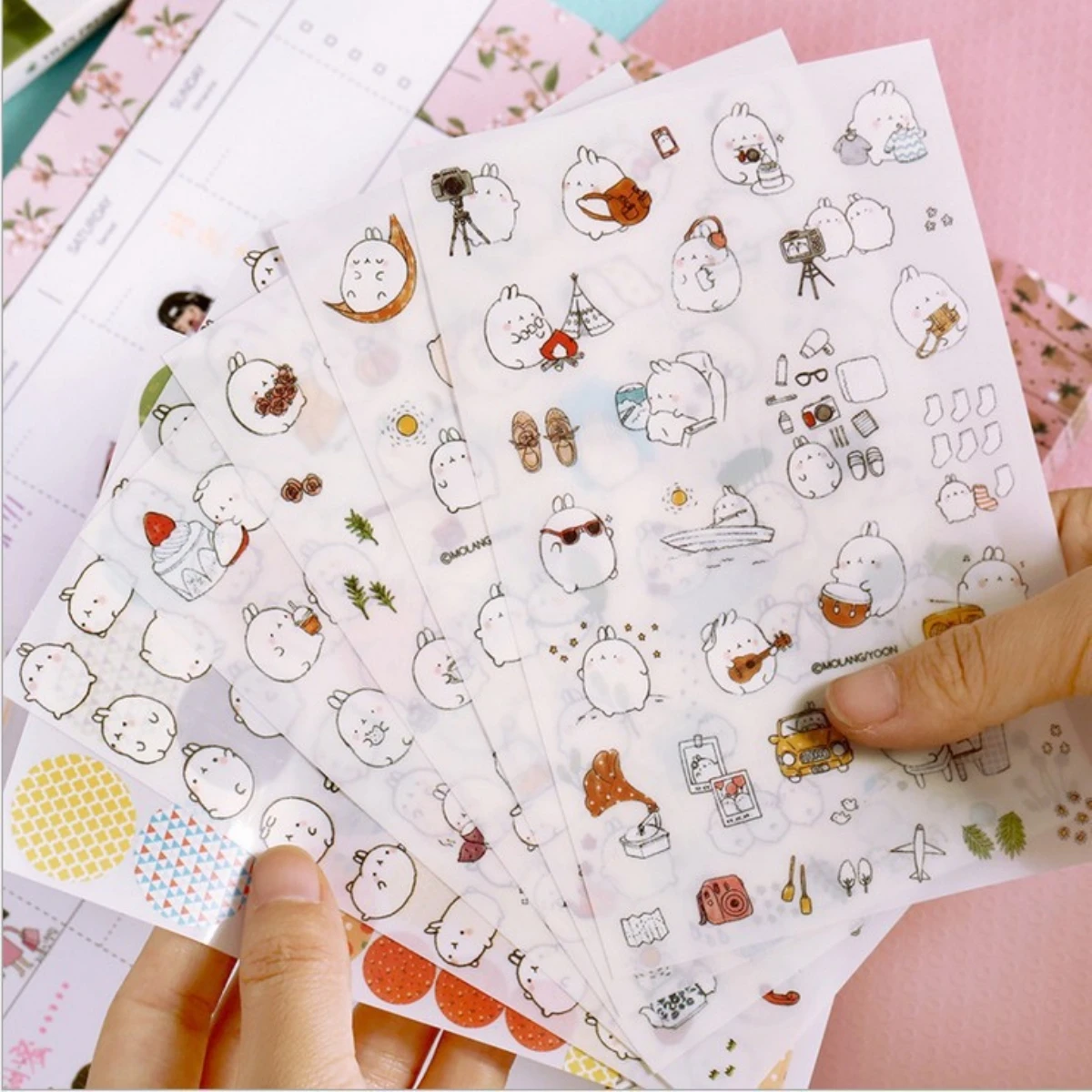 6 sheets/set Kawaii Molang Rabbit PVC Decorative Stickers Scrapbooking Diy  Diary Stationery Sticker Cute Supplies