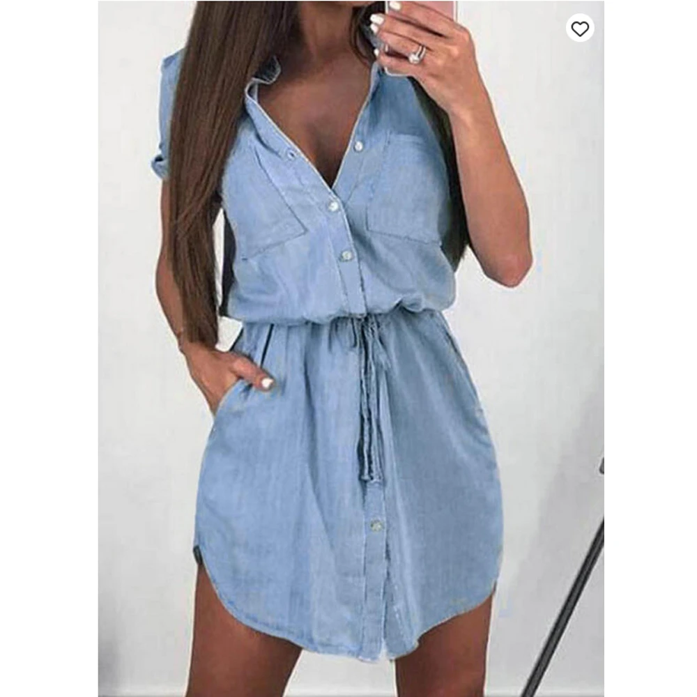 Lace Up Women Denim Shirt Dress Casual Loose Retro Solid Color High Waist Washed Short Sleeve Cardigan Knee Length Dress 109