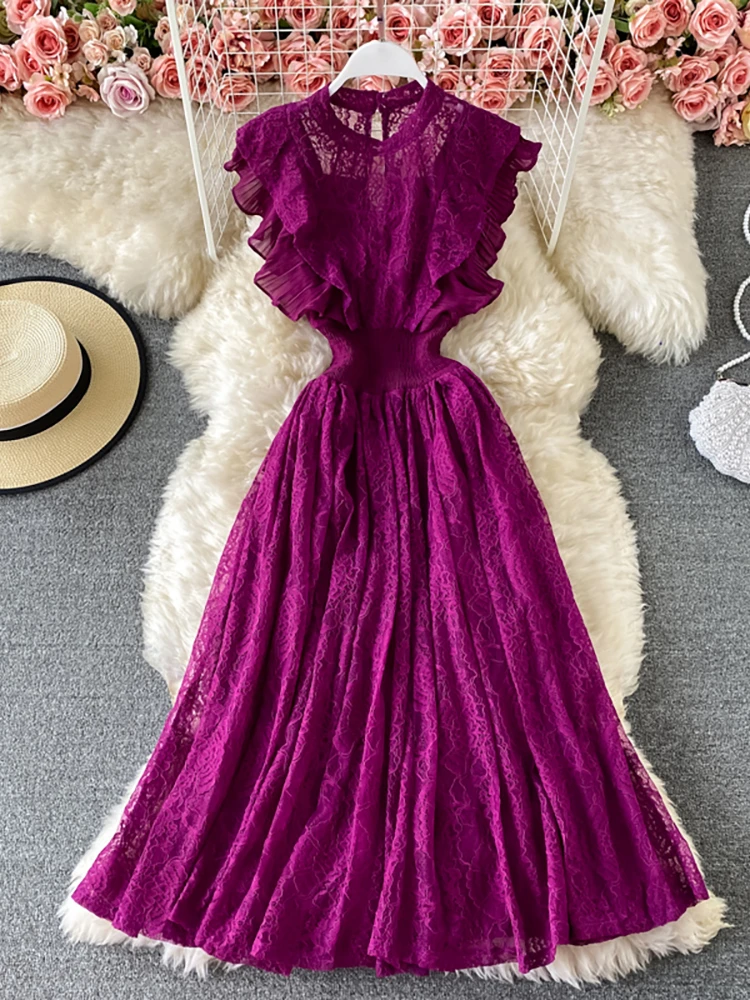 Vintage Purple/Green/Red Lace Midi Dress Women Sweet Round Neck Ruffle Vestidos Female High Waist Slim Robe Spring Autumn 2021