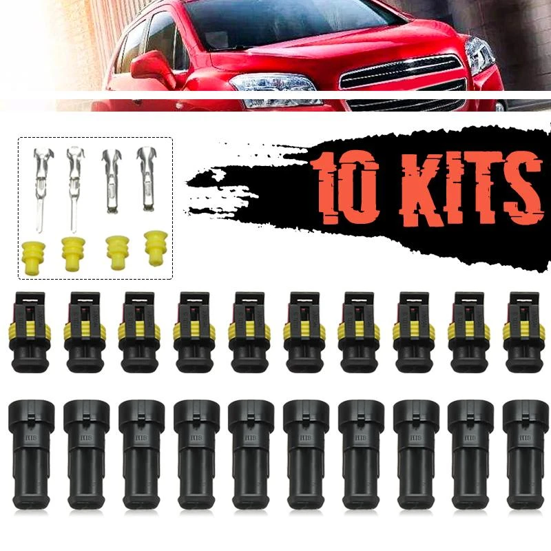 10 Kits Car 2 Pin Way Sealed Waterproof Electrical Wire Connector Plug Terminal For Car Truck Vehicle Motorbike Universal