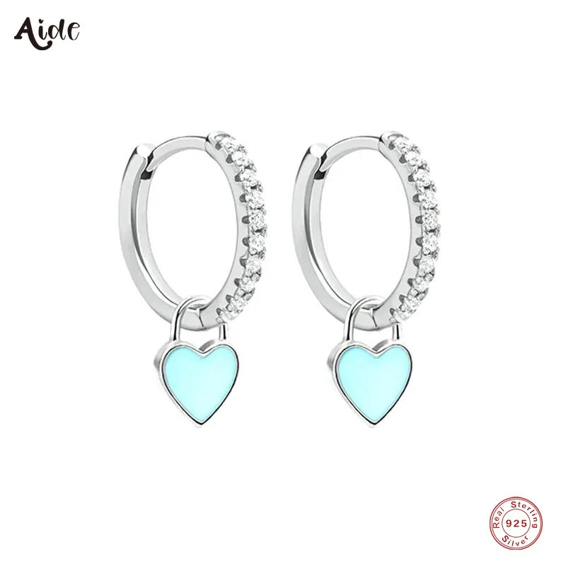 Aide 925 Sterling Silver Hoop Earrings With Cute Candy Neon Color Enamel Heart Charm Drop Earring Gold Silver Color For Girls