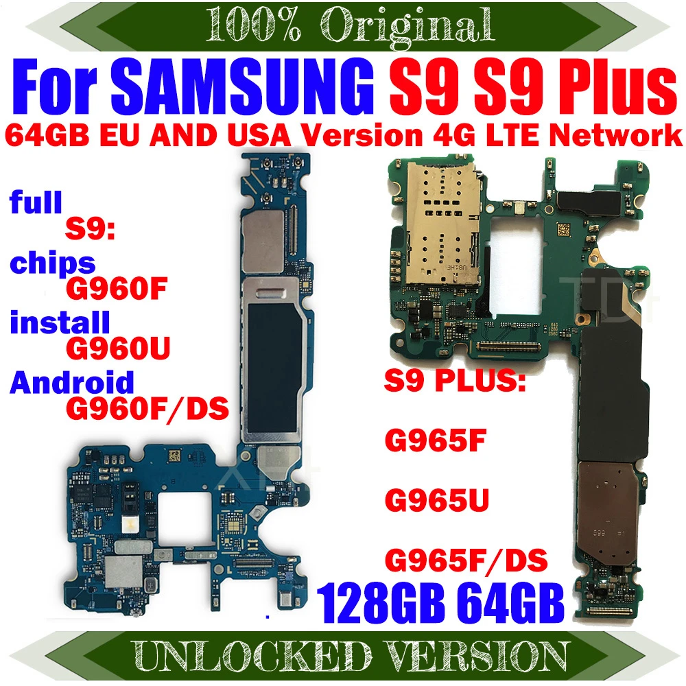 100% Original Unlocked 64G 128G Motherboard For Samsung Galaxy S9 PLUS G965F G960F G9600 G9650 G960U G965U Logic Board With Chip