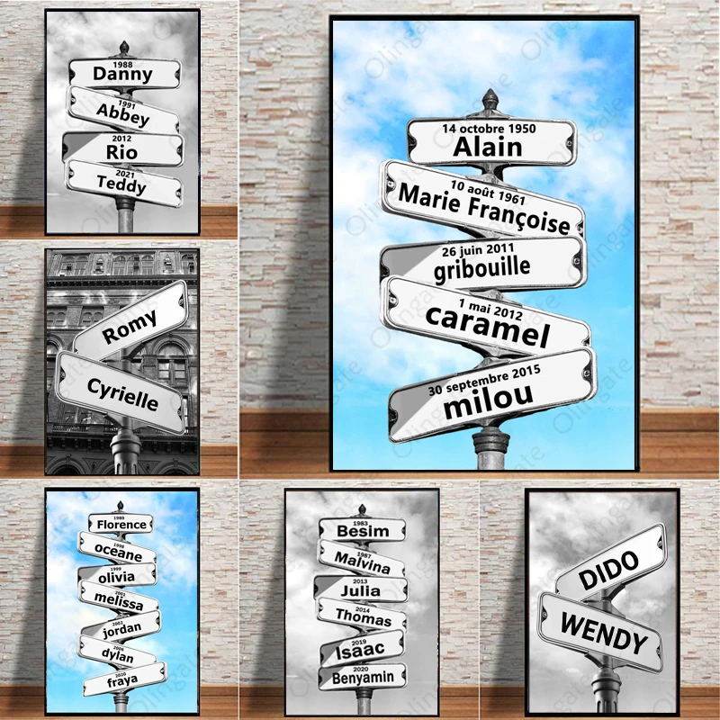 Family Street Sign Custom Canvas Painting Intersection Street Sign 6 Names Anniversary Wall Art Personalized Father's Day Gift
