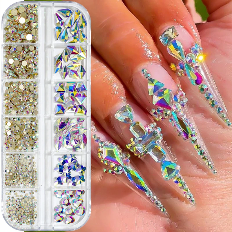 12 Girds Colorful Nail Rhinestones Mixed Size Diamonds AB Flatback Shiny Crystal 3D Glitter Gems Nail Art Decorations Strass