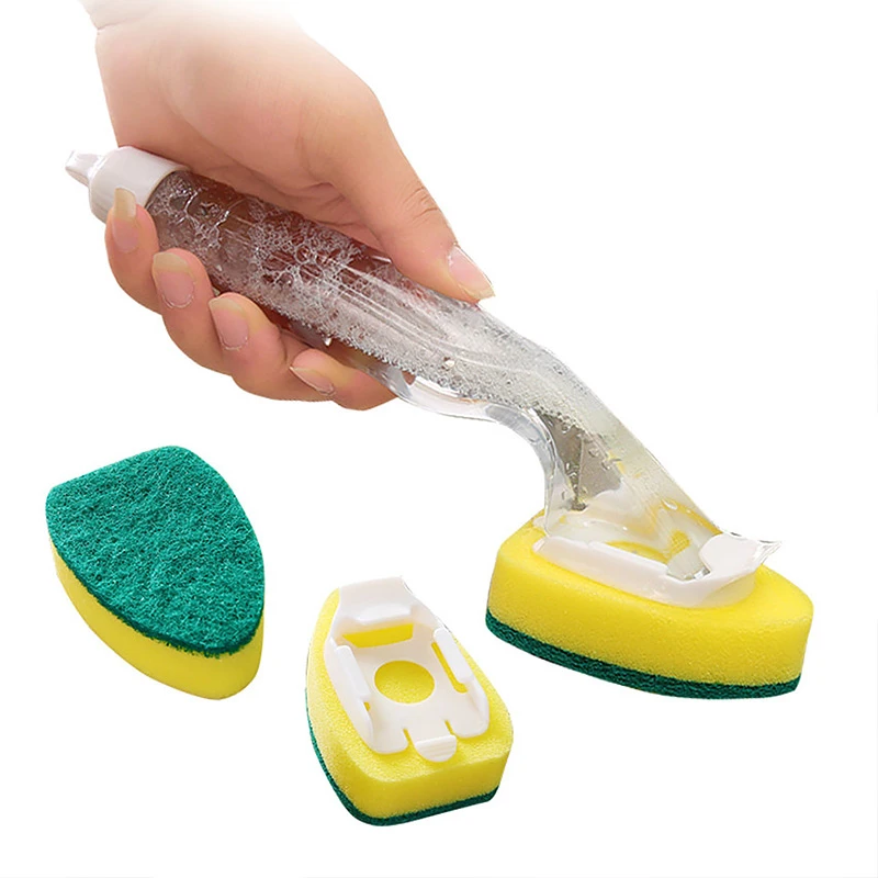 Replaceable Cleaning Brush With Refill Liquid Handle Scouring Pad Sponge Brush Dispenser Dish Scrubber Home Washing Tool