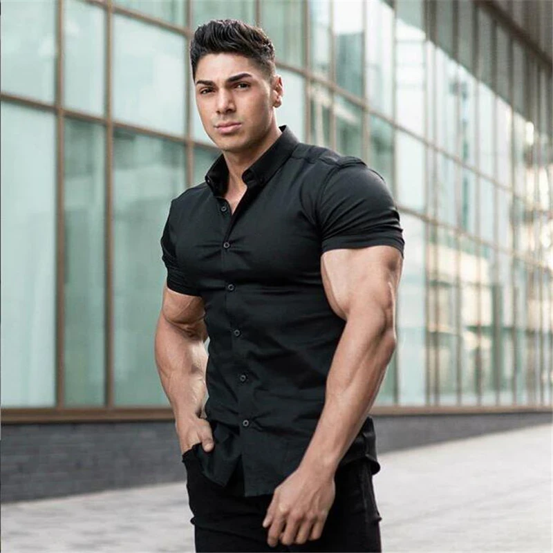 Summer Fashion Short Sleeve Shirt Men Super Slim Fit Male Casual Social Business Dress Shirt Brand Men Fitness Sports Clothing