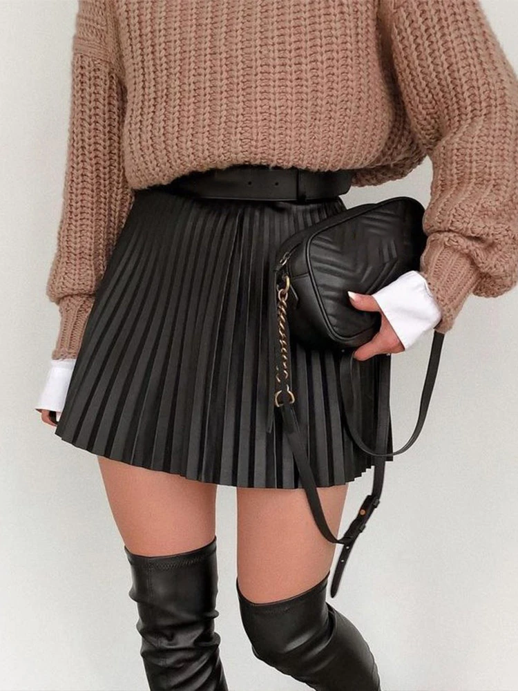 Pleated Faux Leather Women's Mini Skirt High Waist Sexy Black Female Short Skirt 2021 Autumn Winter Fashion Ladies Bottoms