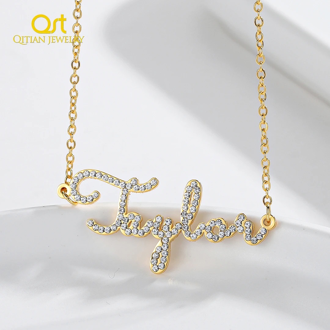 Qitian Personalized Name Necklace Stone Chain Iced Out Zirconia Necklaces Customized Necklace Name Jewelry Women Birthday Gift