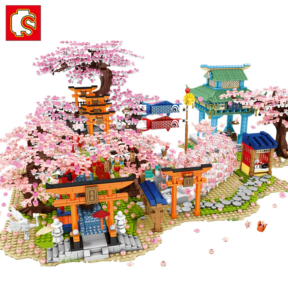 SEMBO Sakura Blocks ideas City Cherry Blossom Japanese Sakura Tree House Mini Street View Model Building Blocks Children Toys