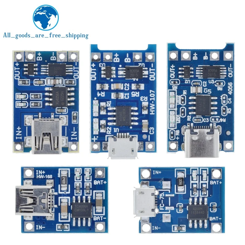 5 pcs Micro USB 5V 1A 18650 TP4056 Lithium Battery Charger Module Charging Board With Protection Dual Functions 1A Li-ion