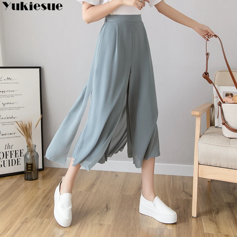 streetwear summer 2021 high waist Women's choffon Capris pants for women trousers wide leg pants Woman split up plus size