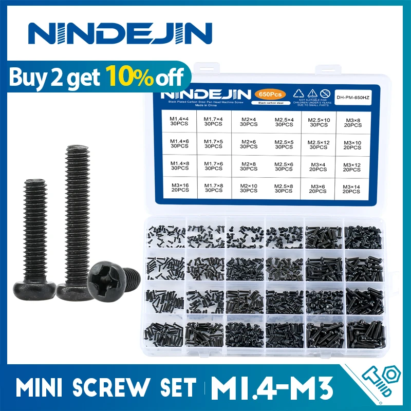 650pcs Cross Recessed Round Pan Head Machine Screws Set M1.4 M1.7 M2 M2.5 M3 Mini Screw laptop computer screw Phillips Screw Kit