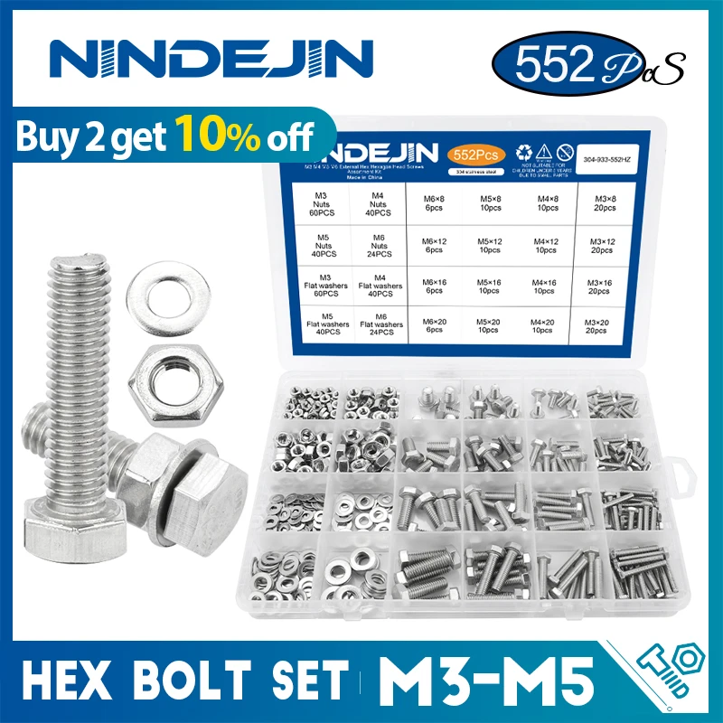 552pcs/set External Hex Hexagon Head Screw Set Stainless Steel m3 m4 m5 m6 Bolts and Nuts Set Hex Bolt for Bicycle