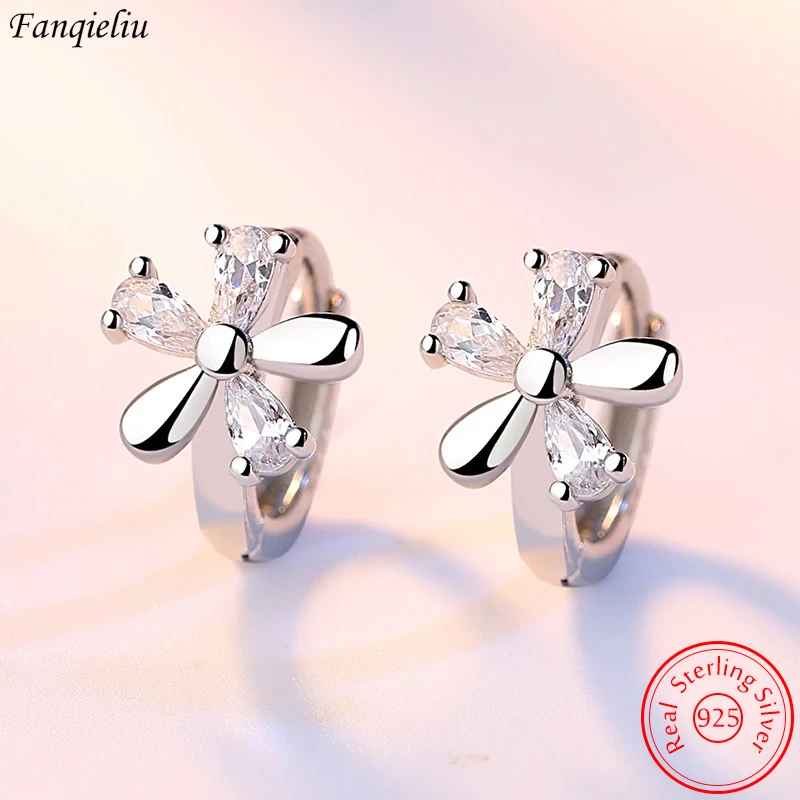 Fanqieliu Real Sterling 925 Silver Natural Crystal Small Cute Flower Hoop Earrings For Women FQL3235