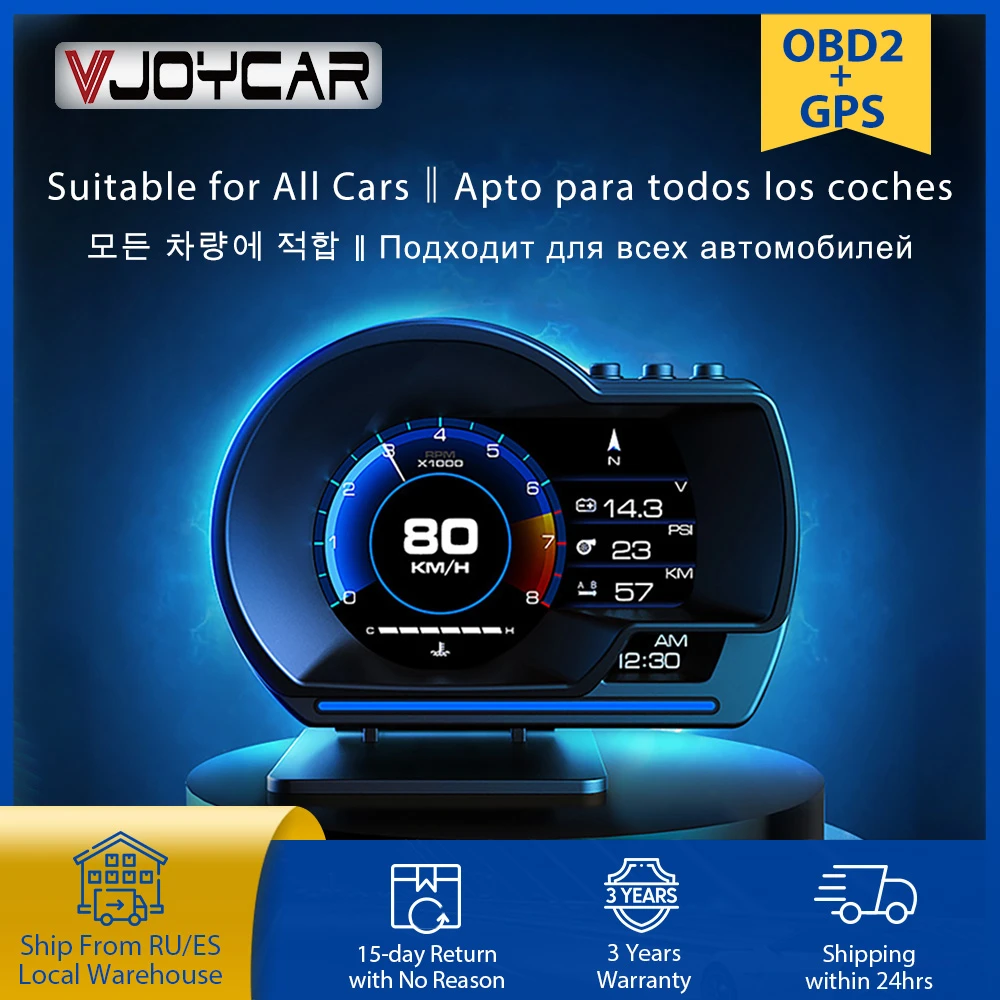 Vjoycar V60 Newest Head Up Display Auto Display OBD2+GPS Smart Car HUD Gauge Digital Odometer Security Alarm Water&Oil Temp. RPM