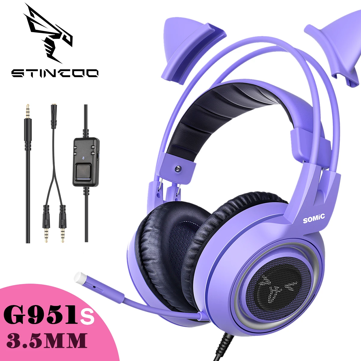 SOMIC Cat Ear Headphone 3.5MM Gaming Headset with Mic Noise Reduction Stereo for PS4 PC Phone Detachable Women Gift G951S Purple