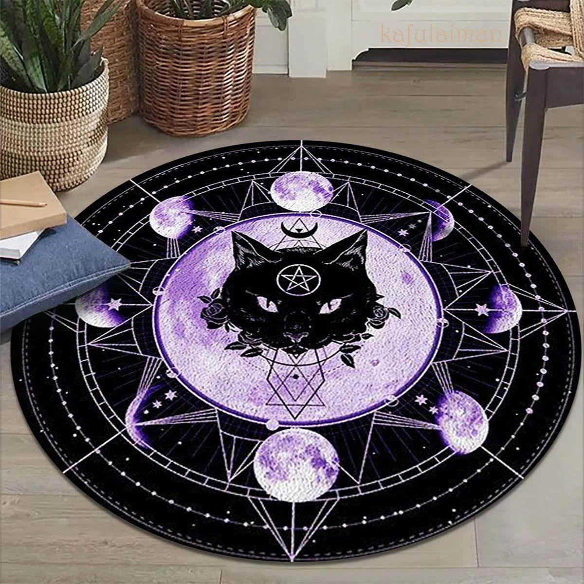 Black Cat Magic Circle Lovers Animal Rescue Round Circle Custom Rug Designed Personalized Carpet Pet Lover Natural Lover 5 Size