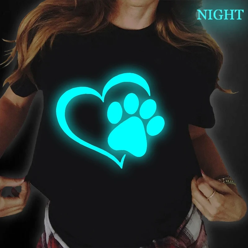 Luminous T-Shirt Women Top-Tees Clothes Graphic Dog Paw 90s Girl Harajuku Ullzang T-Shirt Female Korean-Style Kawaii Print Shirt