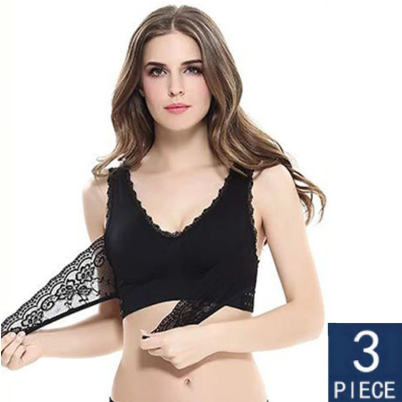 3pcs/set Push Up Bras for Women Lace Solid Color Cross Side Buckle Wireless Plus Size Women Sleep Bra Soft Bralette Top