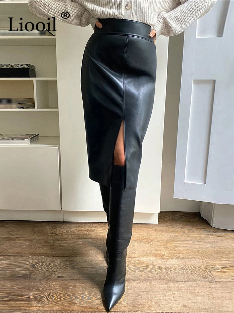 Women Faux Leather Slit Pencil Office Skirt Autumn 2021 New Winter Streetwear High Waist Black Brown Sexy Bodycon Midi Skirts