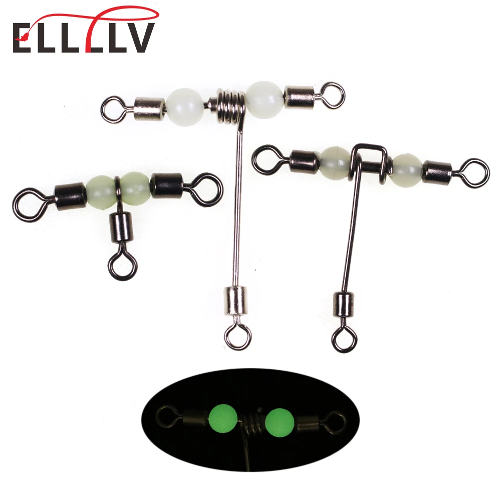 10pcs T-shape Luminous Cross-line Rolling Swivel With Pearl Beads  3 Way Swivel Fishing Rigs Connector Fishing Accessories