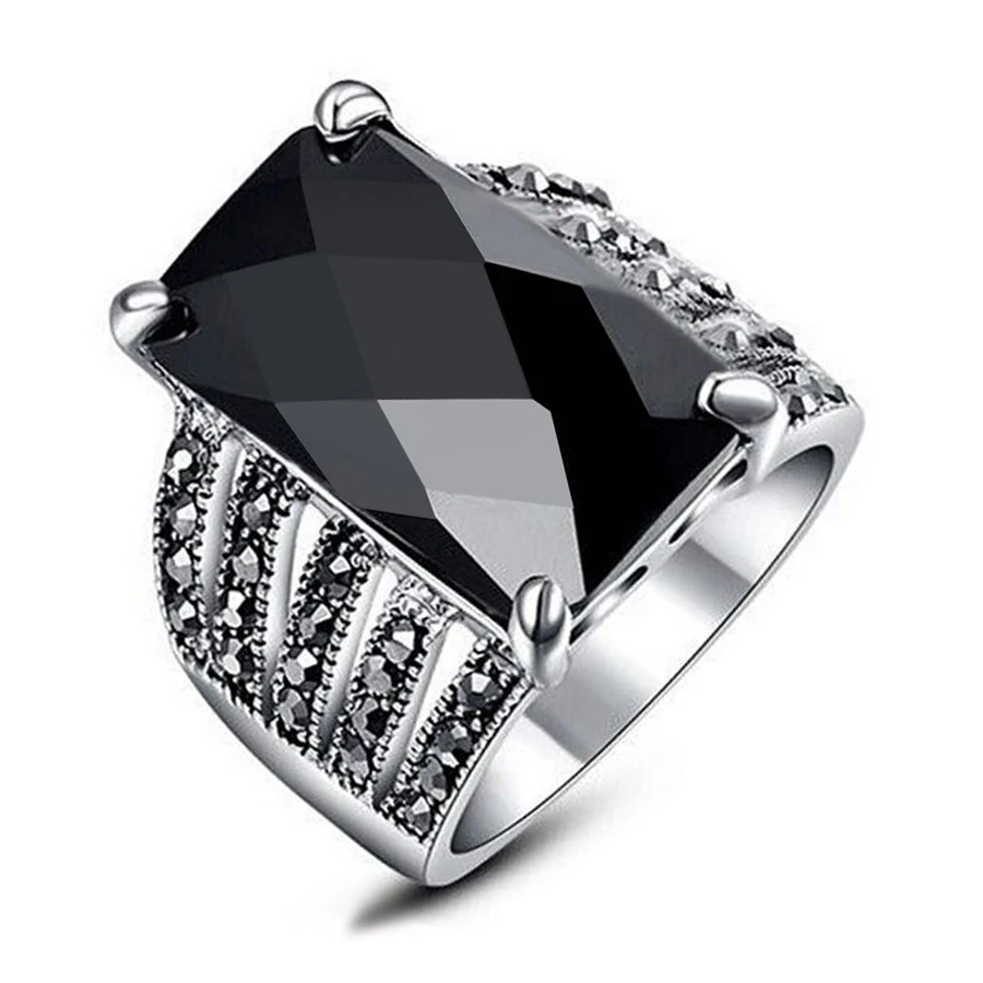 New 2016 OL Fashion Jewelry Vintage Look Black Ring Mosaic Big Square Glass Drill Silver Plated Punk Rings For Women Love Gift