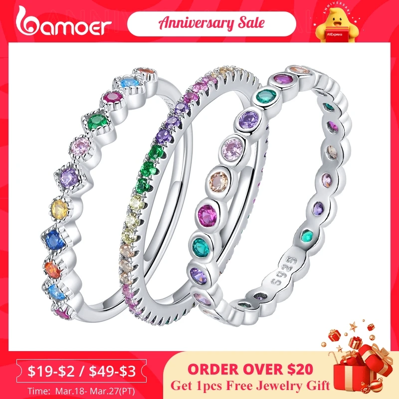 bamoer 925 Sterling Silver Multicolor Zircon Finger Ring for Women Trendy Fashion Dazzling CZ Stone Anillos Jewelry Gift