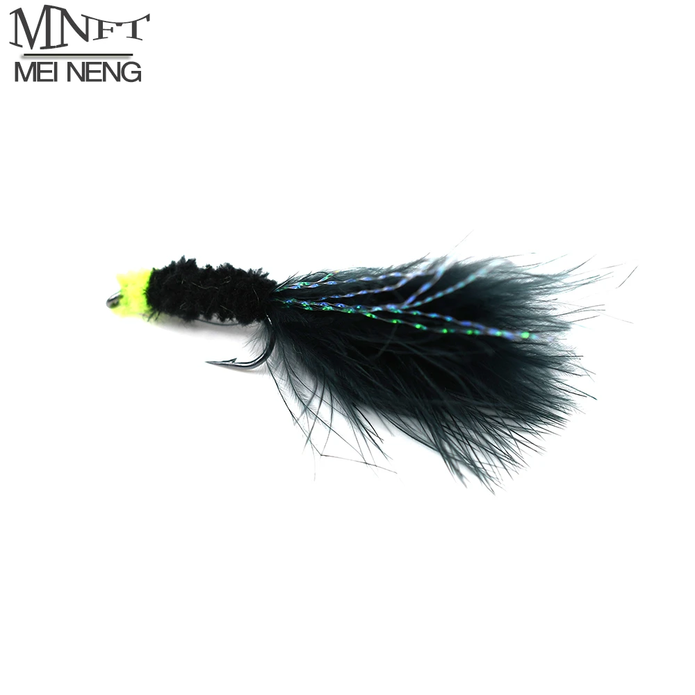 MNFT 6PCS 6# Black Egg Sucking Leech Fly Yellow head Marabou with Flashabou Trout Fishing Streamer