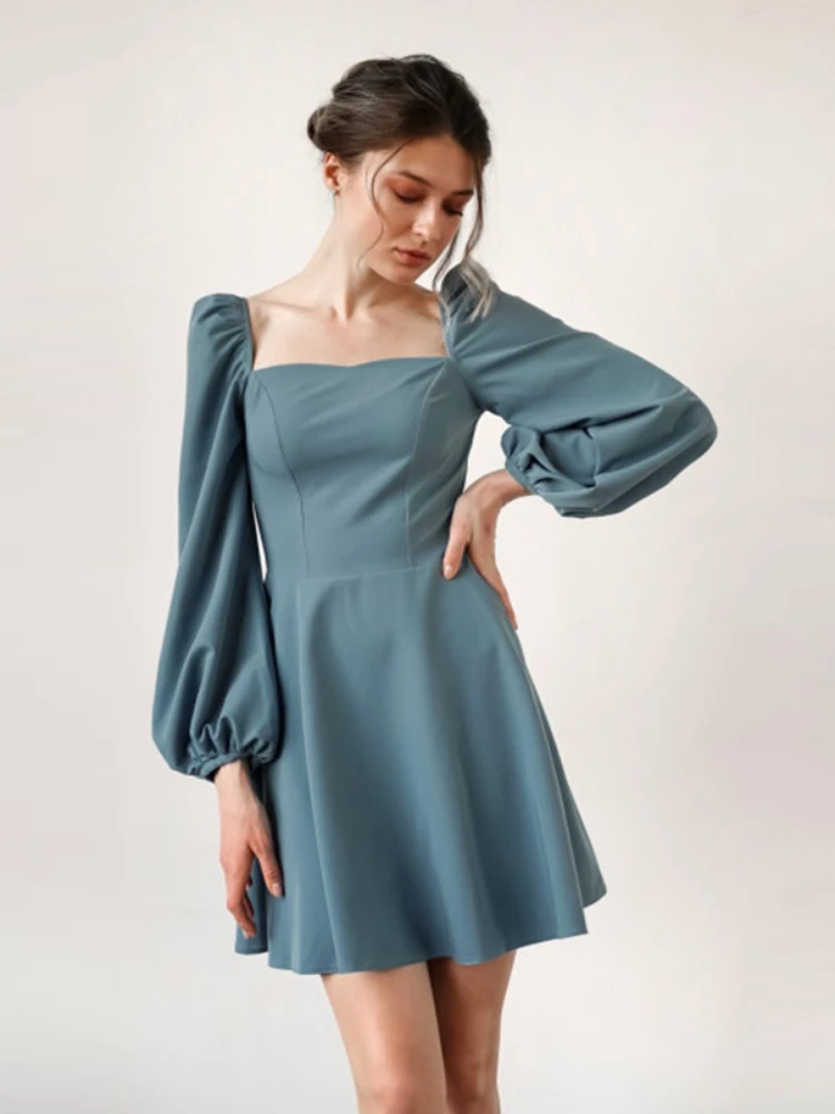 CHURSES Solid Casual Autumn Mini Dress Puff Sleeve Square Neck Elegant Slim Party Dress Ladies Vintage A Line Women Dress 2021