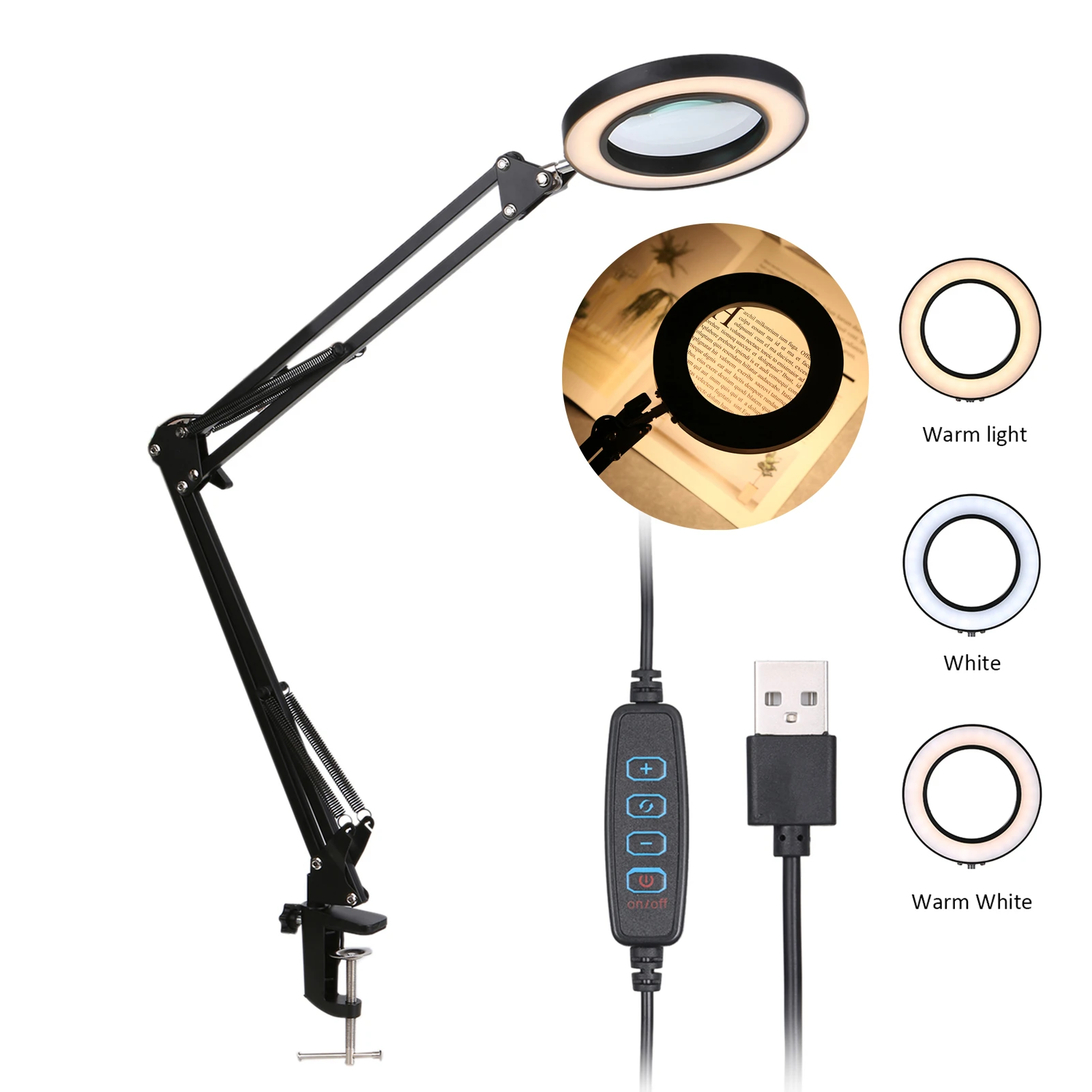 Foldable Professional 5X Magnifying Glass Desk Lamp Magnifier LED Light Reading Lamp with Three Dimming Modes USB Power Supply