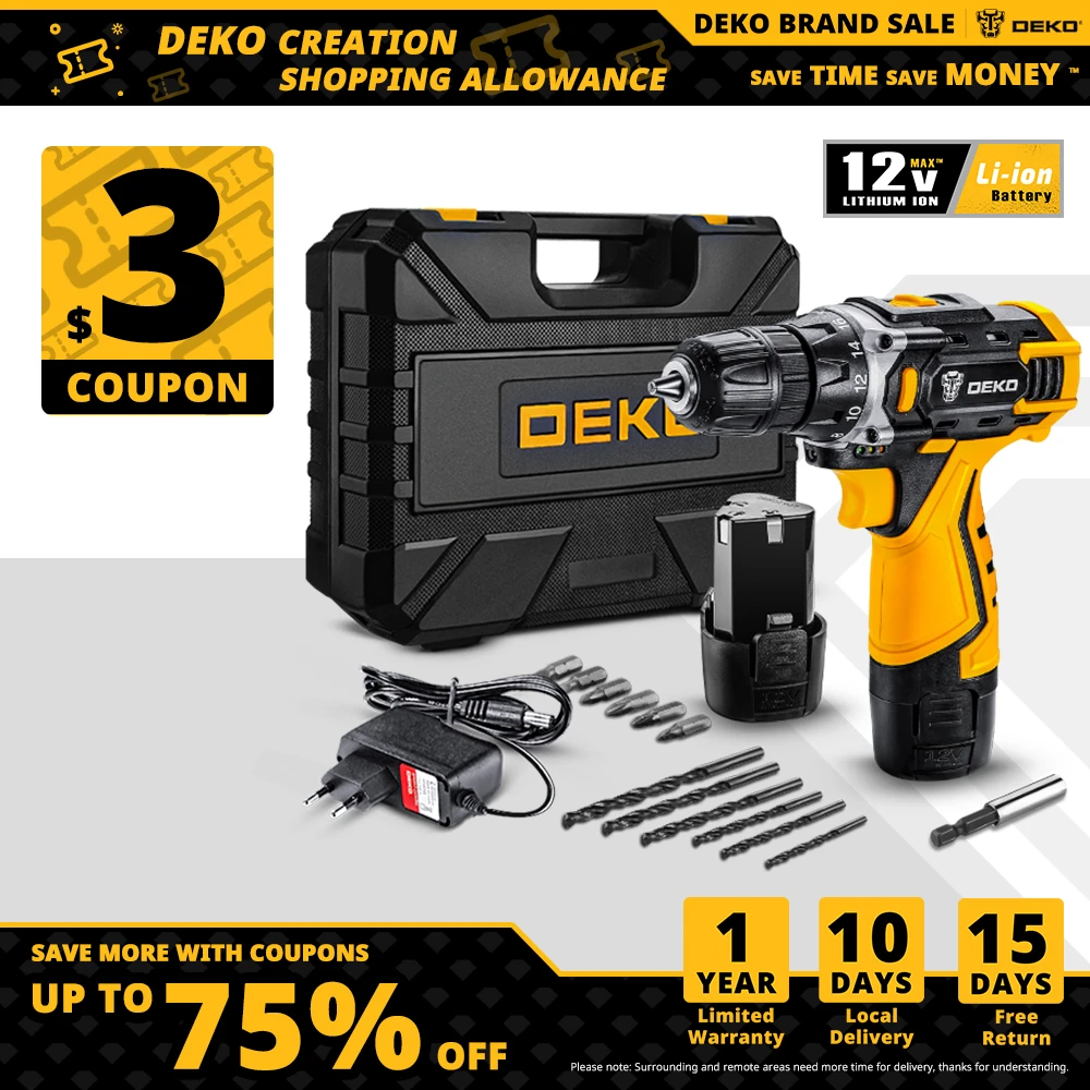 DEKO 12/16/20V Cordless Drill DKCD Series Electric Screwdriver,2-Speeds,18+1 Torque Settings,Lithium-Ion Battery