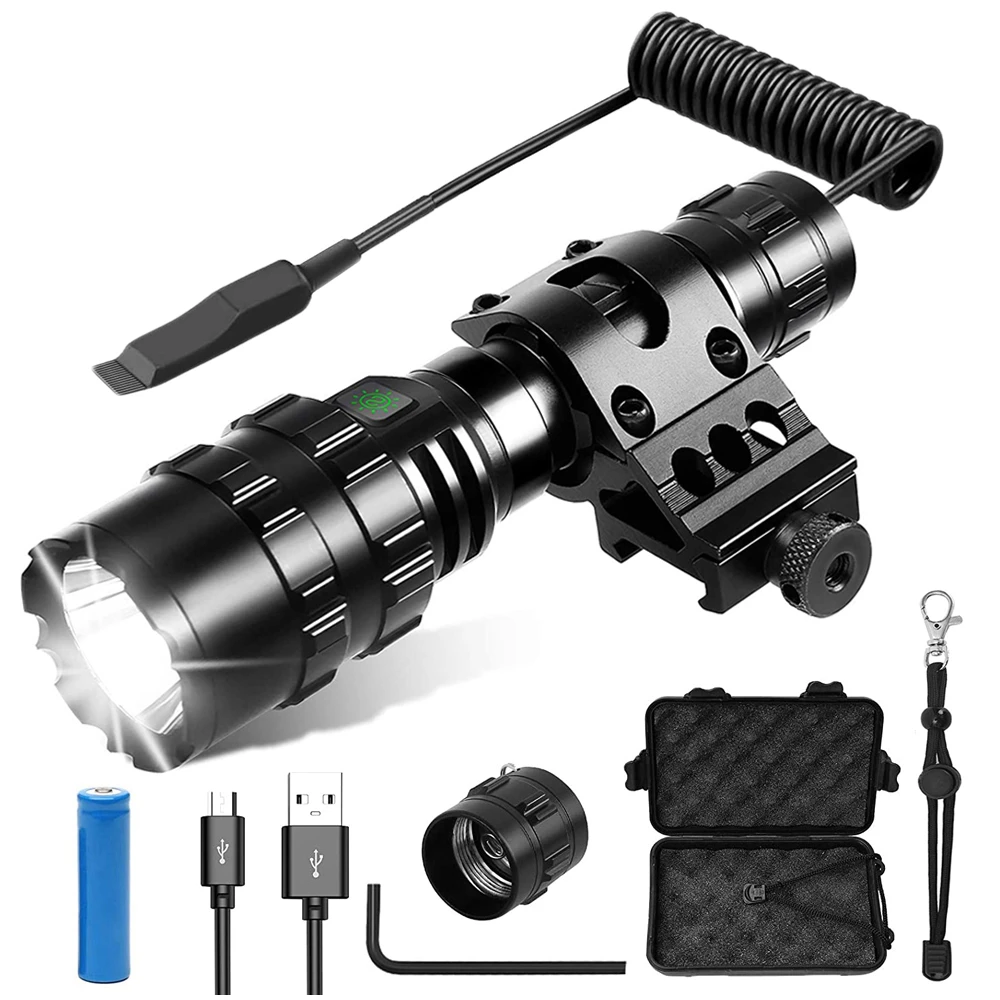 Tactical Flashlight 1600 Lumens USB Rechargeable Torch Waterproof Hunting Light with Clip Hunting Shooting Gun Accessories