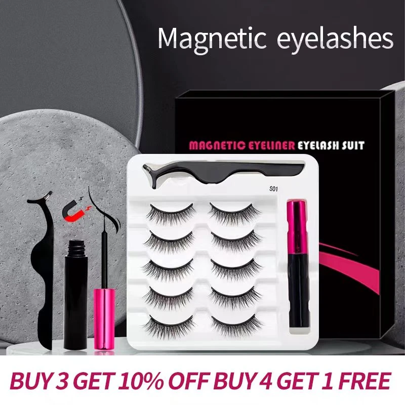 5 Pairs/Set Magnetic Eyelashes False Lashes Repeated Use Eyelashes Waterproof Liquid Eyeliner With Tweezer Makeup Set