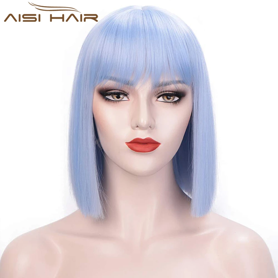 AISI HAIR Short Black Synthetic Wig for Women Natural Blue/Blonde Middle Part Bob Wigs Heat Resistant Fiber Natural Looking Wig