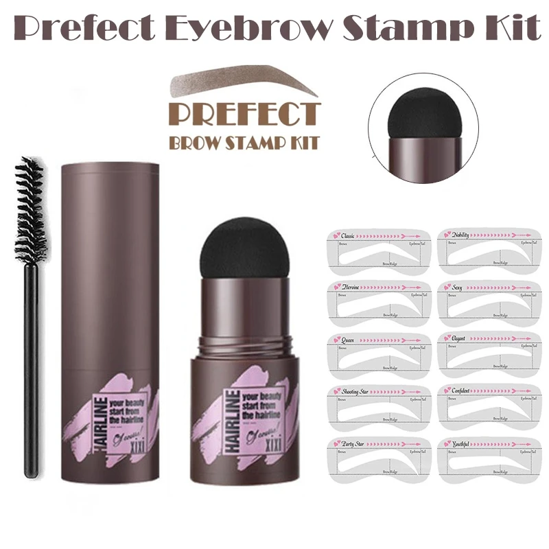 One Step Eyebrow Stamp Shaping Kit Professional Eye Brow Gel Stamp Makeup Kit with 10 Reusable Eyebrow Stencils Eyebrow Brushes