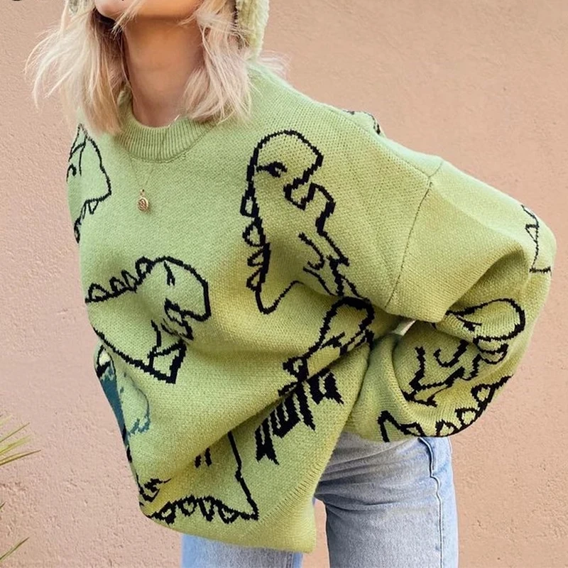 Oversize Sweater Women 2021 Y2K Autumn Winter Sweater Couple Dinosaur Loose Pullovers 90s Green Long Sleeve Knitted Jumper Women