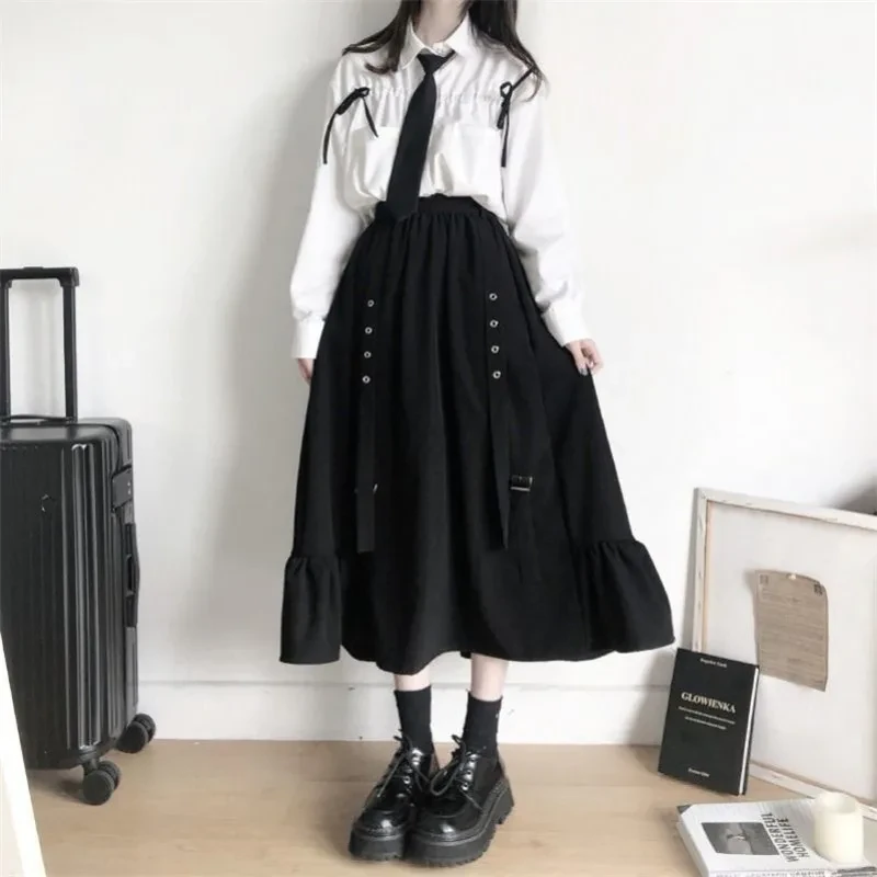 Autumn Women Skirts high waist student Korean Style Dark vintage Ruffle Long A-line skirts women fashion 2020