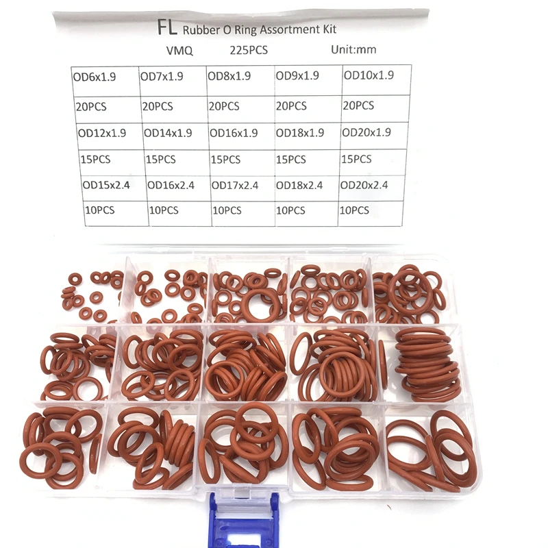 225pcs O Rings Red Silicone VMQ Seal Sealing O-Rings Silicon Washer Rubber Oring Set Assortment Kit Set Box Ring