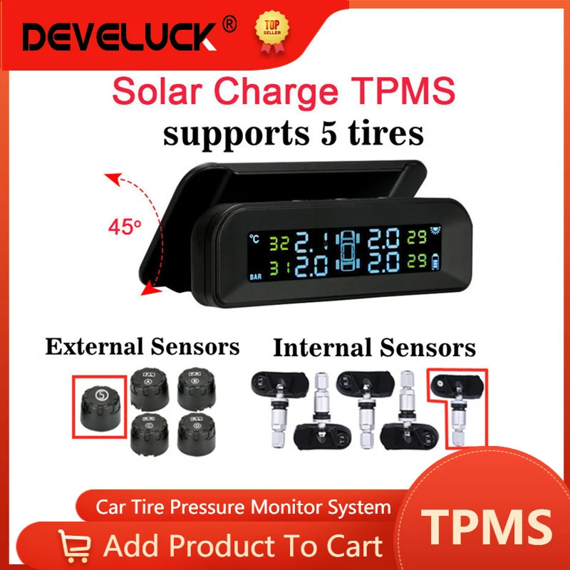 Develuck Car TPMS Upgraded Solar Power Digital System LCD Display Angle Adjustable Smart Car Tire Pressure Alarm with 5 Sensor