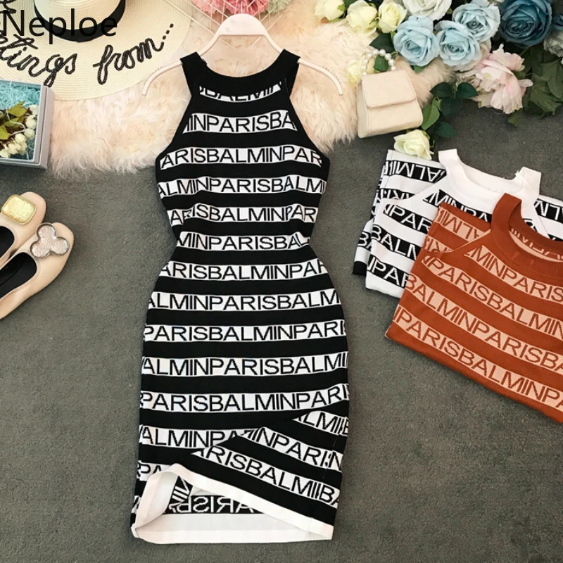 Neploe Knitted Letter Print Women Dress Summer 2021 New Halter Sleeveless Camis Vestidos Sexy Slim Waist Bodycon Dress 44319