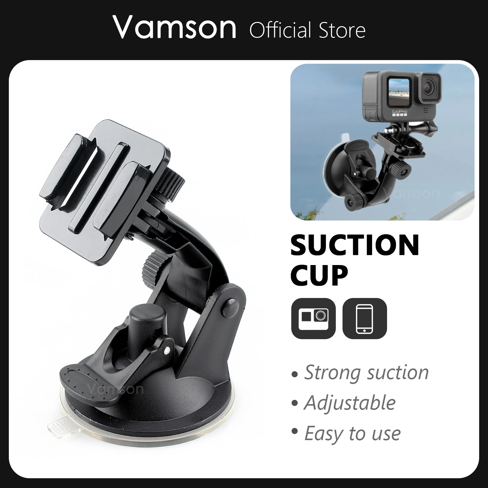Vamson for Go Pro 8 9 Accessories 7cm Car Mount Windshield Suction Cup for Gopro Hero 10 9 8 7 6 5 4 for SJCAM for Yi 4K VP520