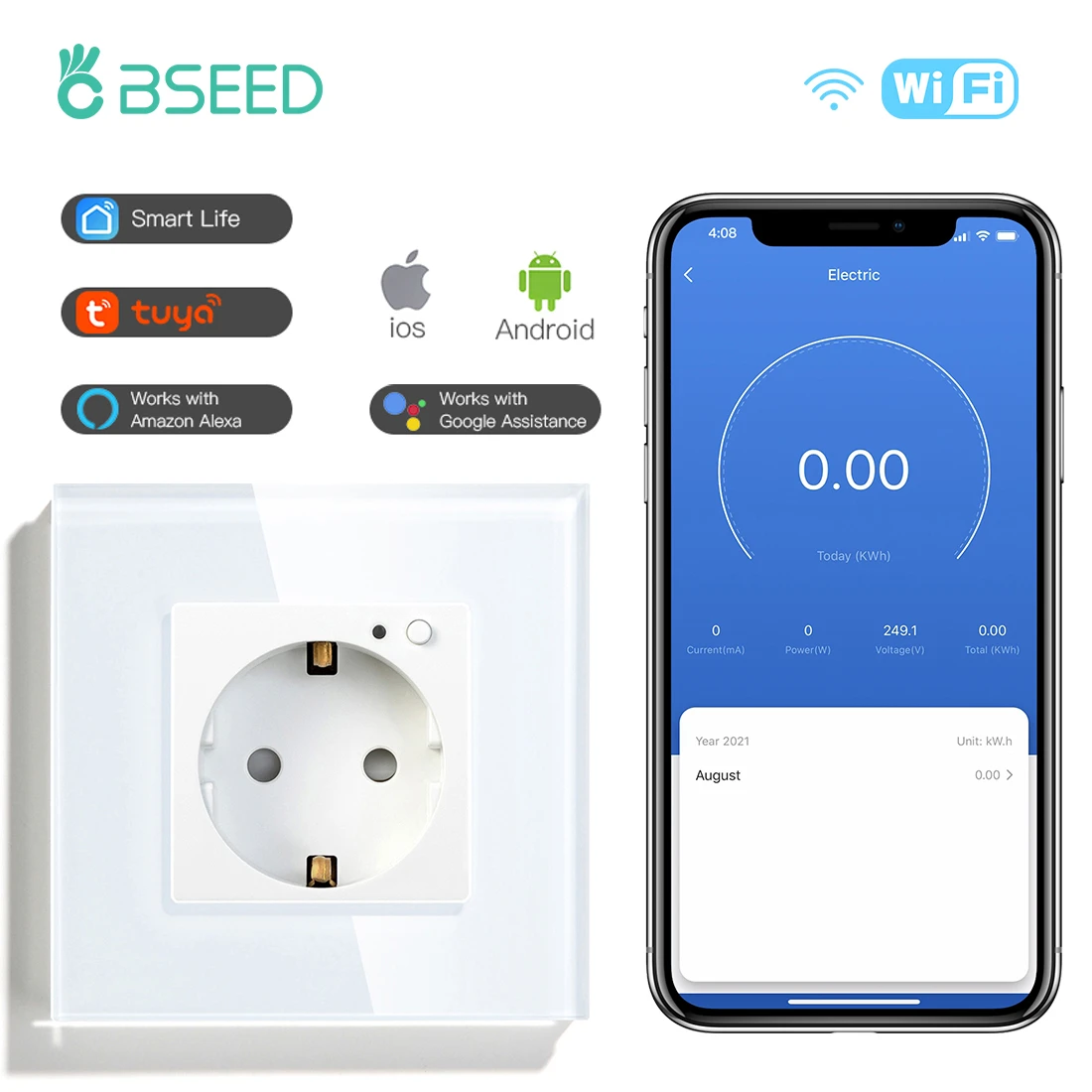 BSEED Mvava Double Socket European Standard 16A Wall Plug White Black Grey Crystal Glass Panel Electrical Home Improvement 157mm