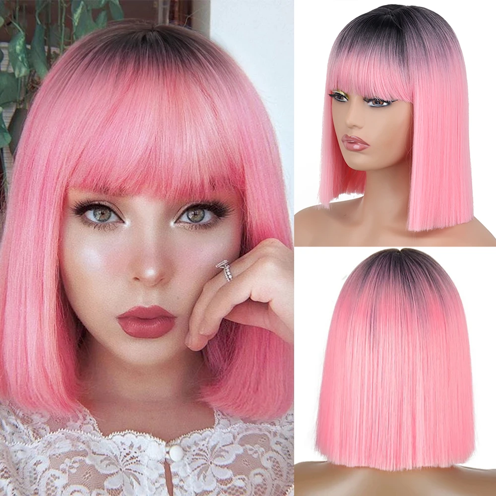 AZQUEEN Short Bob Straight Wig With Bangs for Women Synthetic Bob Wigs Black Pink Wig for Party Daily Use Shoulder Length